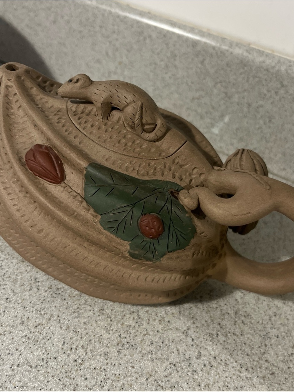 Chinese pottery Yixing teapot mouse finial, peanuts so cute!